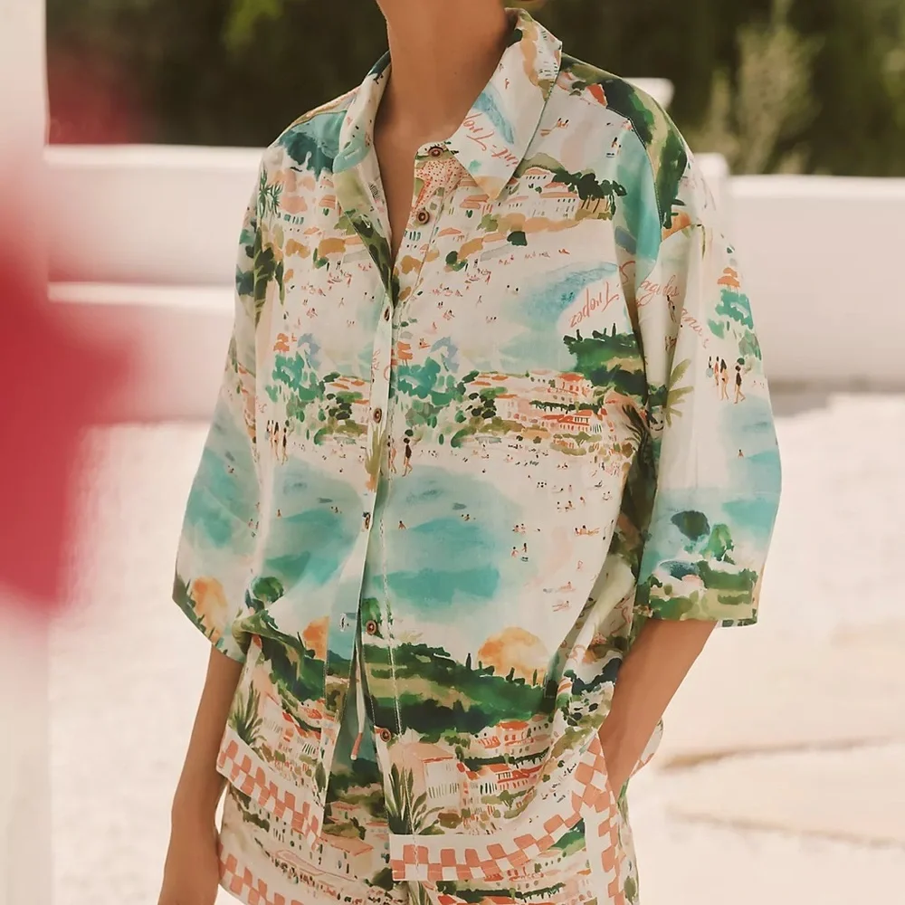 Anthropologie Celandine Linen Blend Shirt Size Small NWT Coastal Mediterranean